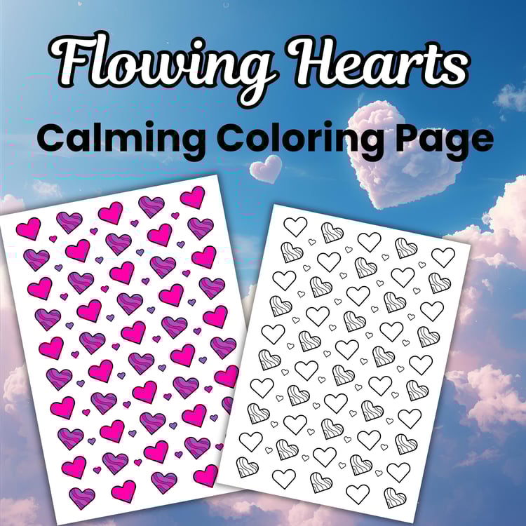 An image featuring a sky and clouds background with a heart-shaped cloud. The image includes two thumbnails of a printable heart-patterned coloring page designed for relaxation and stress relief. One page is colored, and the other is blank for coloring. T