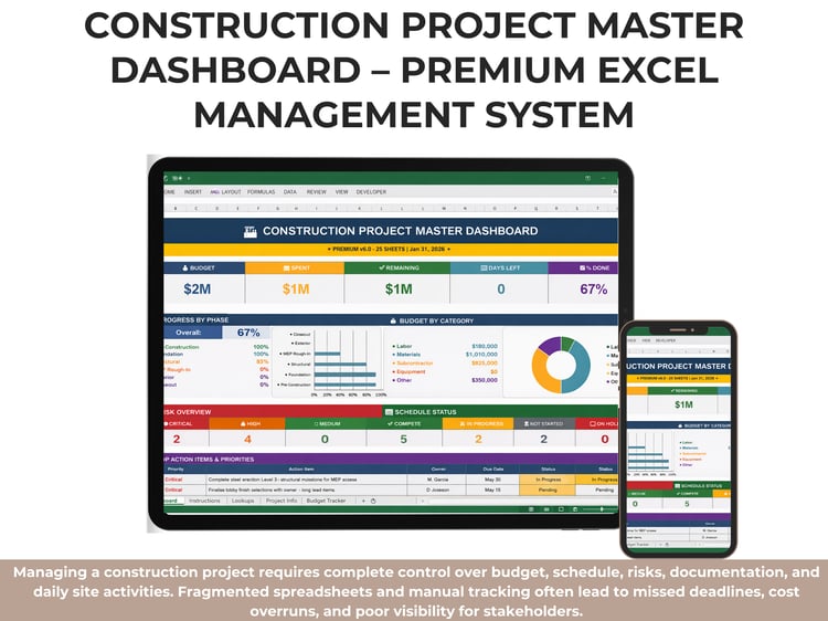 Construction Project Master Dashboard in Excel showing budget overview, project progress by phase, risk summary, schedule status, and top action items in a premium construction management system.