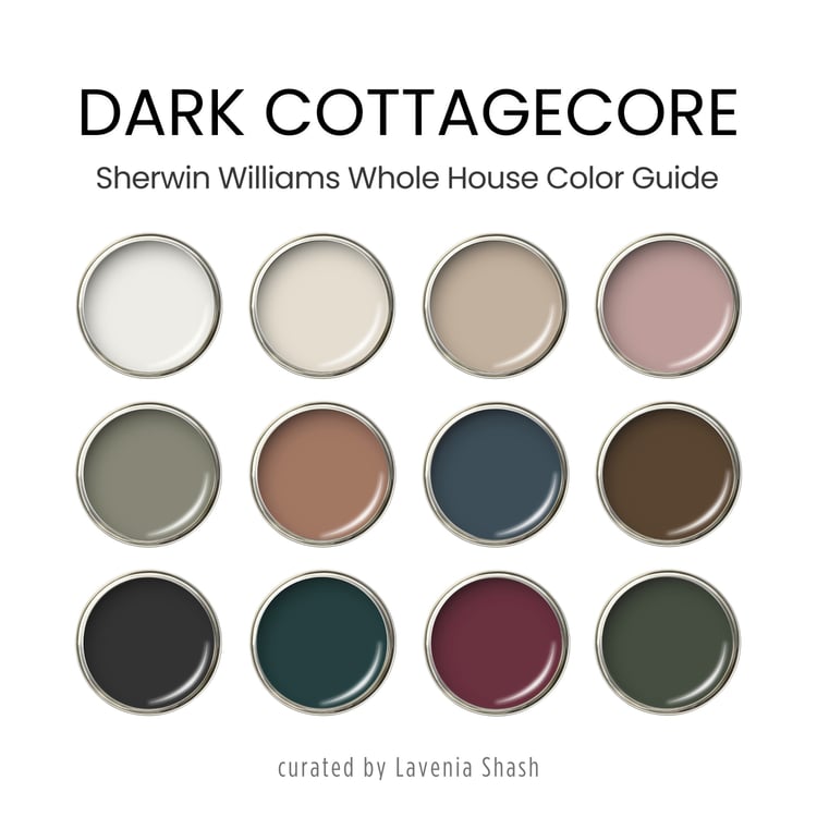 A dark cottagecore color palette with Sherwin Williams paints. The moody cottagegore, eclectic jewel tone color scheme includes white, beige, green, blue, mauve, burgundy, terracotta, brown and black. Curated and designed by Lavenia Shash