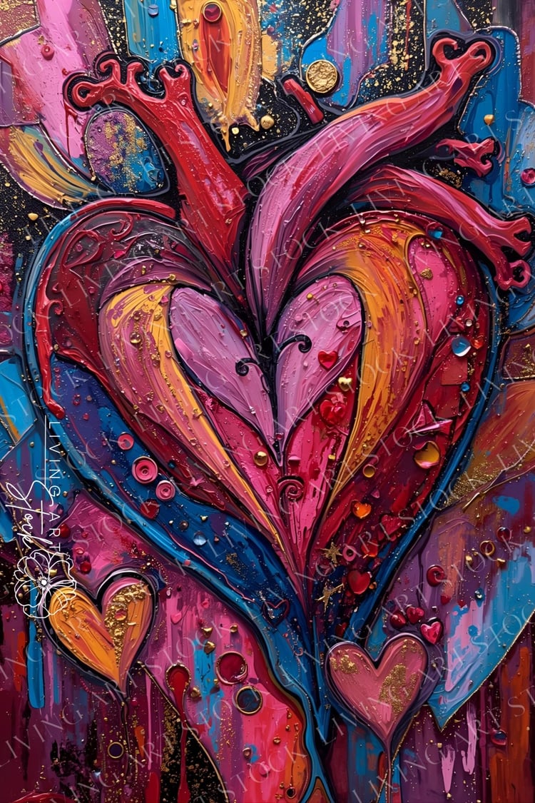 An expressive abstract expressionist painting of a heart, characterized by thick, impasto brushstrokes and a vibrant, multi-layered color palette. The central heart is rendered with heavy textures of crimson, magenta, and gold, featuring elongated, vein-l