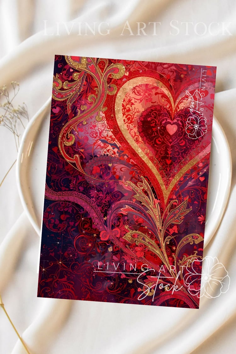 A sophisticated ornate heart illustration featuring a rich, romantic color palette of deep burgundy, crimson, and gold. The composition centers on a large, glowing heart framed by a shimmering gold glitter border, with a secondary, smaller heart inside fi