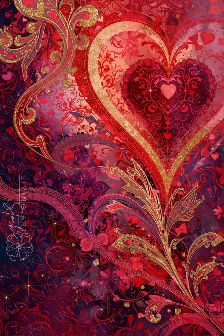 A sophisticated ornate heart illustration featuring a rich, romantic color palette of deep burgundy, crimson, and gold. The composition centers on a large, glowing heart framed by a shimmering gold glitter border, with a secondary, smaller heart inside fi