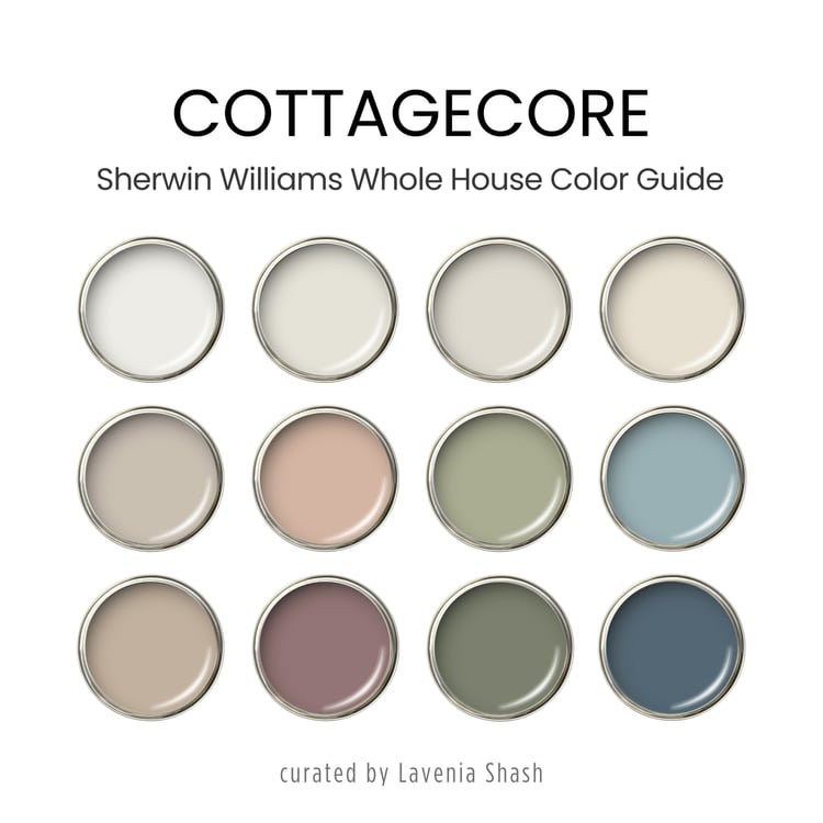 Cottagecore interior design color scheme with Sherwin Williams paint colors. Color Palette created by Lavenia Shash.
