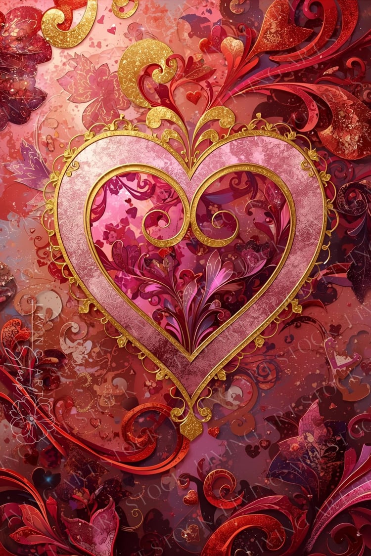 A whimsical and elegant digital illustration of a central heart, framed by an ornate gold-scrolled border. The heart is filled with soft, translucent layers of pink and magenta, featuring delicate floral and scrollwork patterns that seem to glow from with