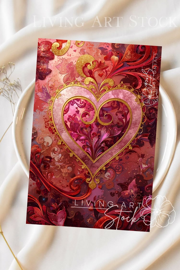 A whimsical and elegant digital illustration of a central heart, framed by an ornate gold-scrolled border. The heart is filled with soft, translucent layers of pink and magenta, featuring delicate floral and scrollwork patterns that seem to glow from with