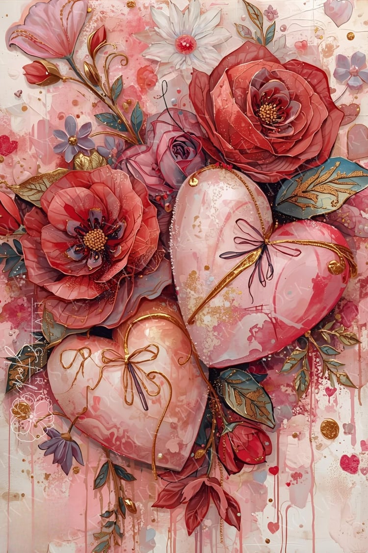 A high-quality mixed-media illustration featuring two large, glossy pink hearts as the centerpiece, adorned with delicate gold wire bows. The hearts are nestled within a lush, painterly floral arrangement of deep red roses, soft pink peonies, and stylized