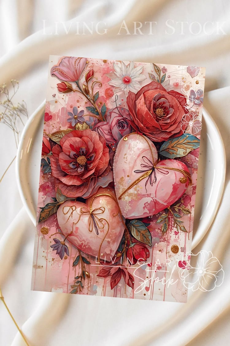 A high-quality mixed-media illustration featuring two large, glossy pink hearts as the centerpiece, adorned with delicate gold wire bows. The hearts are nestled within a lush, painterly floral arrangement of deep red roses, soft pink peonies, and stylized