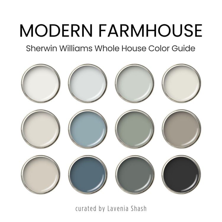 Modern Farmhouse paint color palette. Nordic, Cottage, Country, and Farmhouse-inspired interiors. Curated by Lavenia Shash.