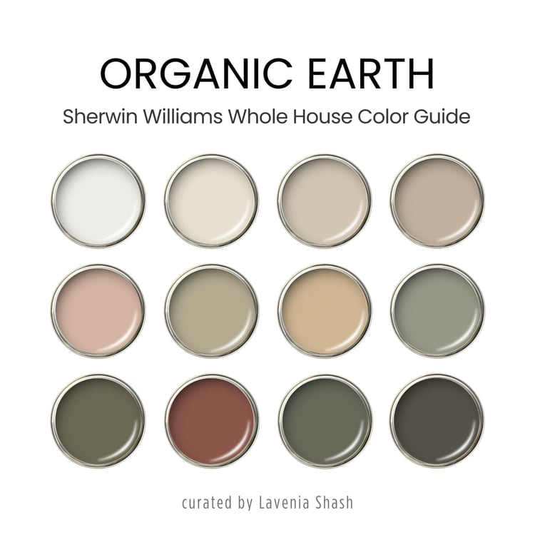 An Organic Earth color palette with Sherwin Williams paints. The Boho color scheme includes white, neutrals and earth tones with greens, browns and terracotta. Moody earth tones and earthy neutrals. Curated and designed by Lavenia Shash.