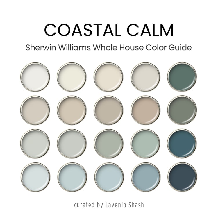 A Calm Coastal color palette with Sherwin Williams paint colors. Color scheme includes coordinating and complementary neutral shades of white, beige, light and airy blues and greens for farmhouse, beach house. Curated by Lavenia Shash.