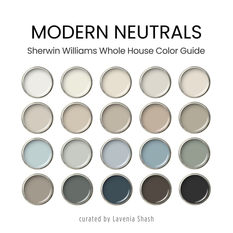 A Modern Neutrals color palette with Sherwin Williams paints. The timeless color scheme includes white, gray, beige, green, blue, brown and black. Moody muted tones and earthy neutrals. Curated and designed by Lavenia Shash.