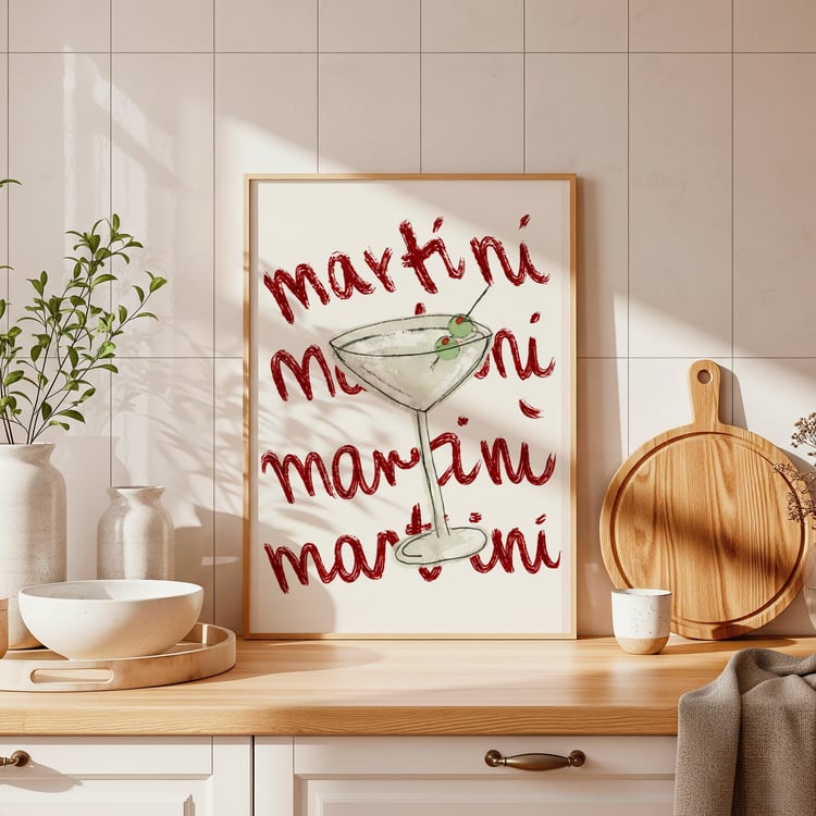 martini wall art, martini poster printable, cocktail wall art, bar wall decor, martini illustration, red typography art, kitchen bar poster, home bar wall art, cocktail printable art, martini digital download, modern bar decor