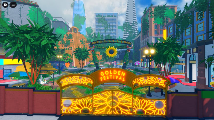 Group gathering area in a sunflower-themed Roblox map