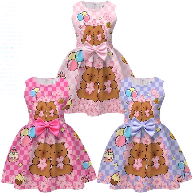 Girls capybara cartoon bow dress A-line style for ages 3 to 9