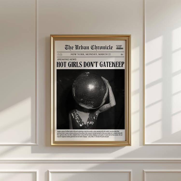 hot girls don’t gatekeep wall art, disco wall art poster, statement typography print, editorial wall art, modern gallery wall poster, disco aesthetic decor, newspaper style wall art, printable wall art, digital download poster, 24x36 wall art, nightlife w