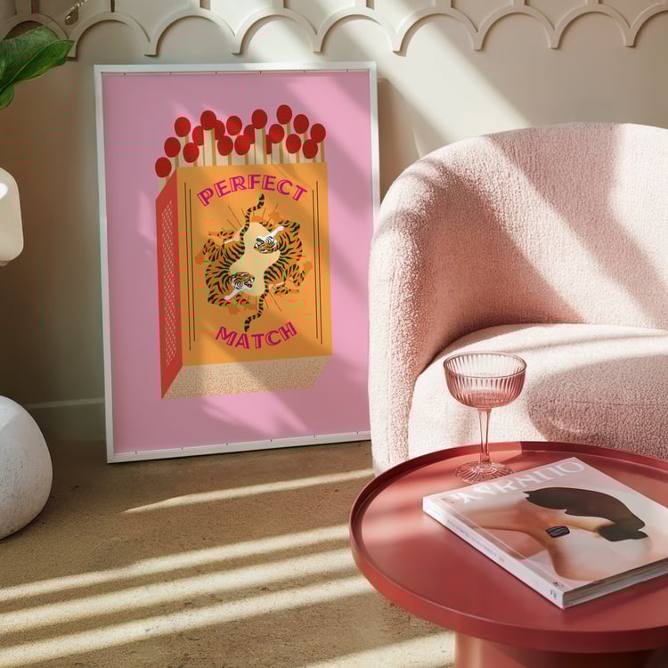 matchbox wall art, tiger poster, retro wall art, quirky wall decor, eclectic wall art, modern gallery wall, playful wall art, pink wall art, vintage inspired poster, statement wall art, animal illustration print, digital wall art download, retro matchbox 
