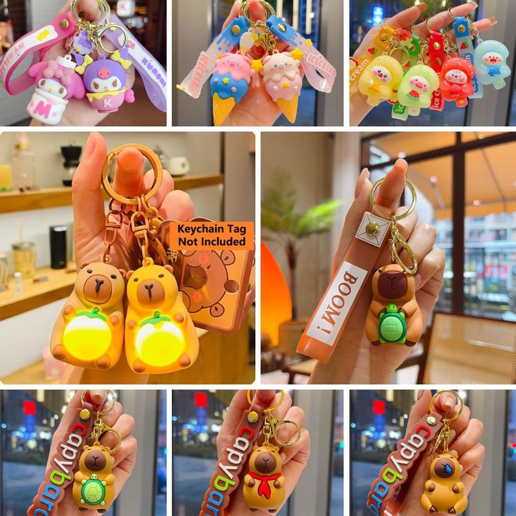 Cartoon snack charm keychains with light-up capybara