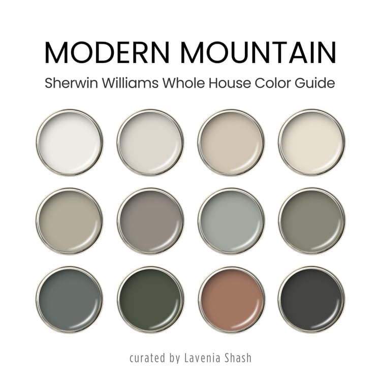 A Modern Mountain color palette with Sherwin Williams paint scheme. Organic earth tones for home interior.
