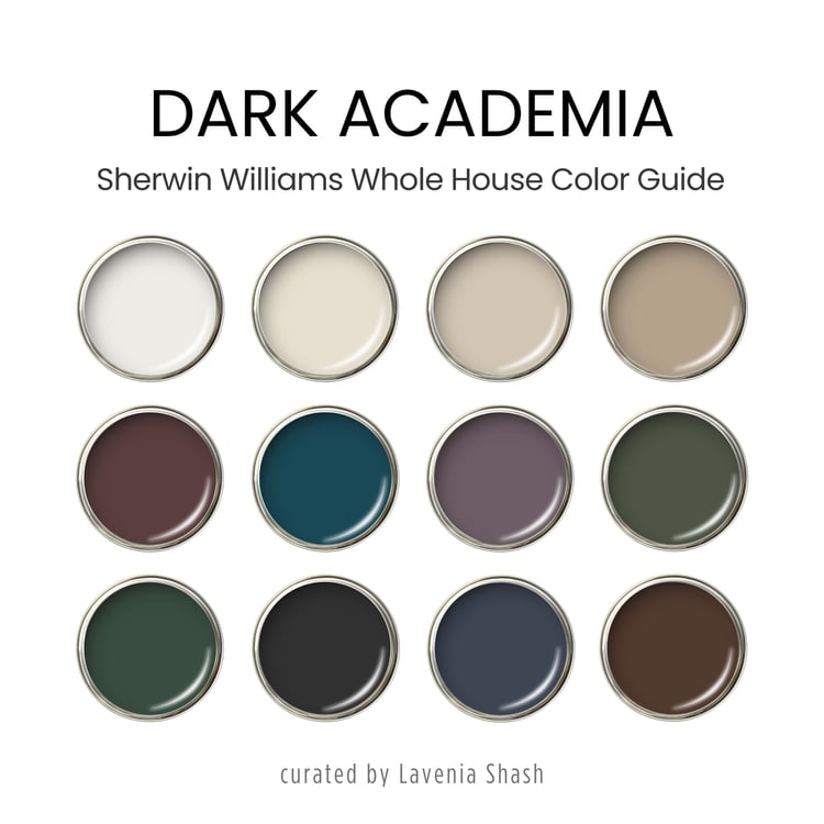 This color guide blends deep hues, neutrals and mid tones, perfect for Dark Academia, Moody Cottagecore, Eclectic, and Mid Century-inspired interiors.