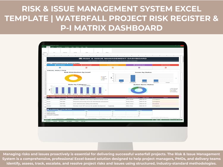 Risk and Issue Management System Excel dashboard showing KPIs, probability-impact matrix, risk and issue registers, escalation tracking, action log status, and executive summary charts for waterfall project management.