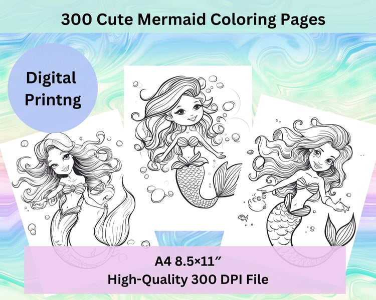 Mermaid coloring pages printable for kids digital download