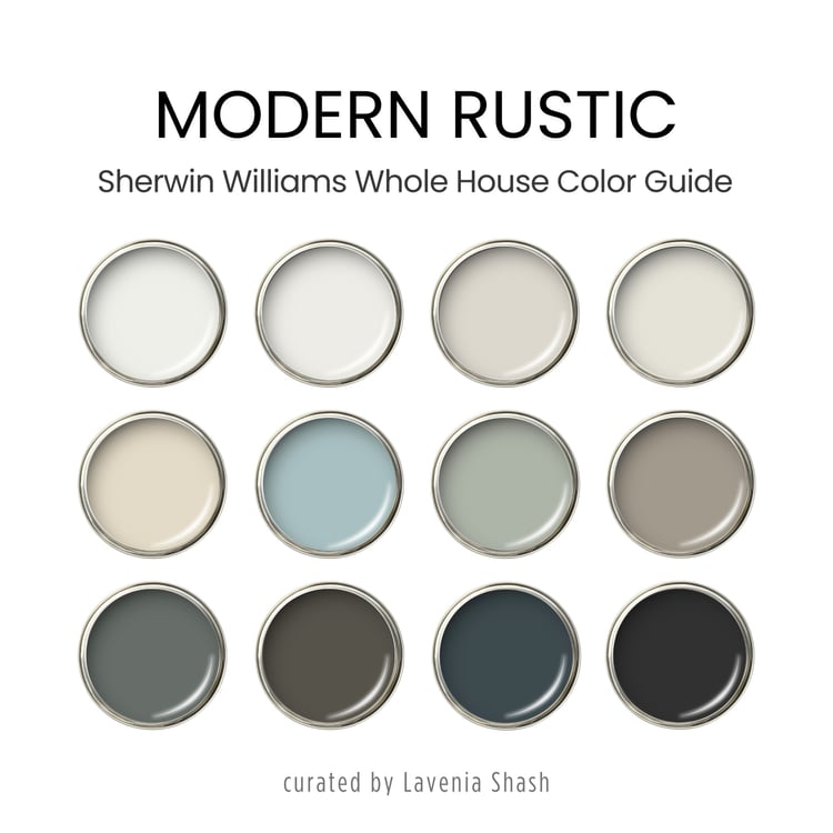 A Modern Rustic, Mountain Farmhouse color palette with Sherwin Williams paint colors. Coordinating and complementary colors of white, gray, griege, beige, blue, green, brown and black for the whole house interior. Curated by Lavenia Shash.