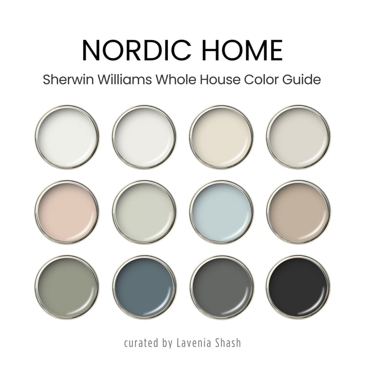 A Nordic Scandinavian minimalist color palette with Sherwin Williams paint colors. Coordinating and complementary colors of white, gray, griege, beige, blue, green, blush pink and black for the whole house. Curated by Lavenia Shash.