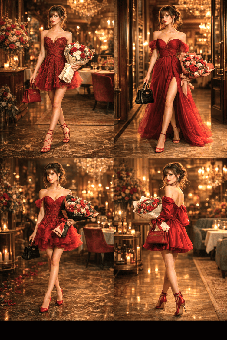 valentine’s day fashion romantic outfit inspiration women’s evening wear luxury fashion visuals date night outfit ideas feminine style aesthetic fashion mood board content romantic styling ideas digital fashion inspiration