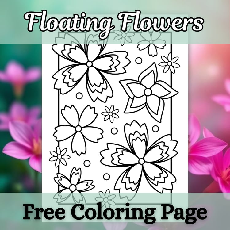 Green and peach-colored background with pink flowers. The image includes a thumbnail of a printable coloring page featuring bold lines and floral designs. The text 'Floating Flowers' and 'Free Coloring Page' are displayed inside a transparent green rectan