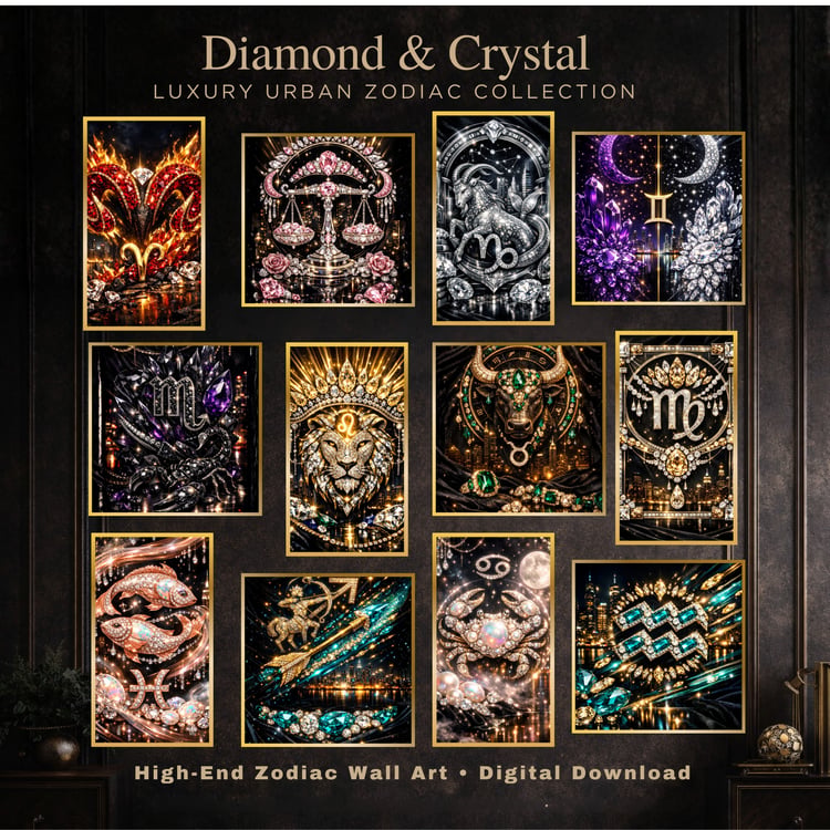 Diamond & Crystal Luxury Urban Zodiac Collection cover featuring high-end crystal-inspired zodiac wall art with gold accents on a dark luxury background