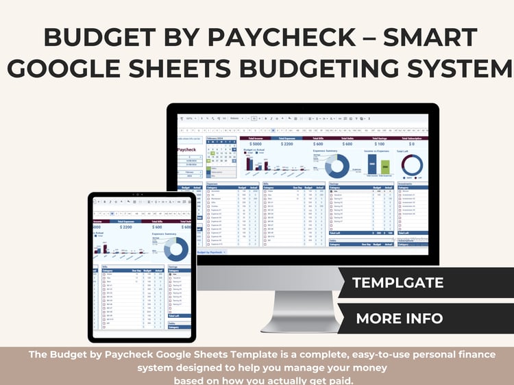 Budget by Paycheck Google Sheets template dashboard showing income, expenses, bills, savings, debts, and budget vs actual charts for personal finance tracking