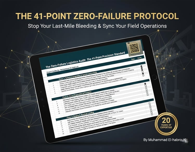 Professional logistics audit toolkit cover featuring the 41-Point Zero-Failure Protocol by Muhammad El-habrouK. The image shows a digital tablet displaying an interactive Excel dashboard for last-mile delivery optimization and field operations synchroniza