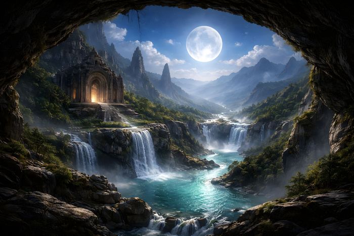Mystical temple on the waterfall mountain at full moon night - Ai Generated