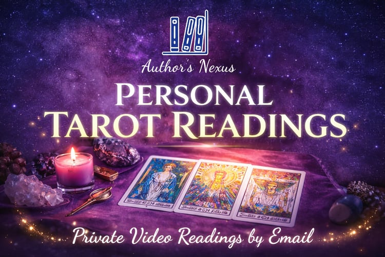 Author’s Nexus personal tarot readings banner with celestial background and tarot cards