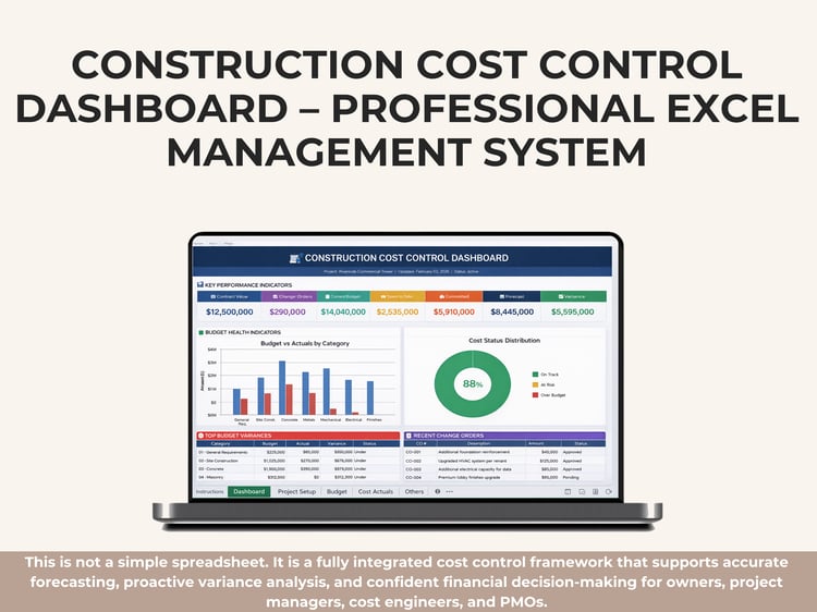 Construction Cost Control Dashboard in Excel showing project budget KPIs, cost variance analysis, commitments, forecasts, and financial health indicators