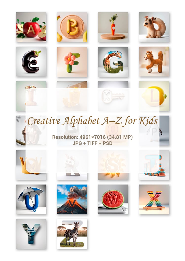 Creative Alphabet A–Z for Kids is a high-quality educational alphabet created from realistic objects, animals, food, and playful elements. Each letter is designed as a clean, modern 3D composition with a soft, child-friendly look and professional photorea