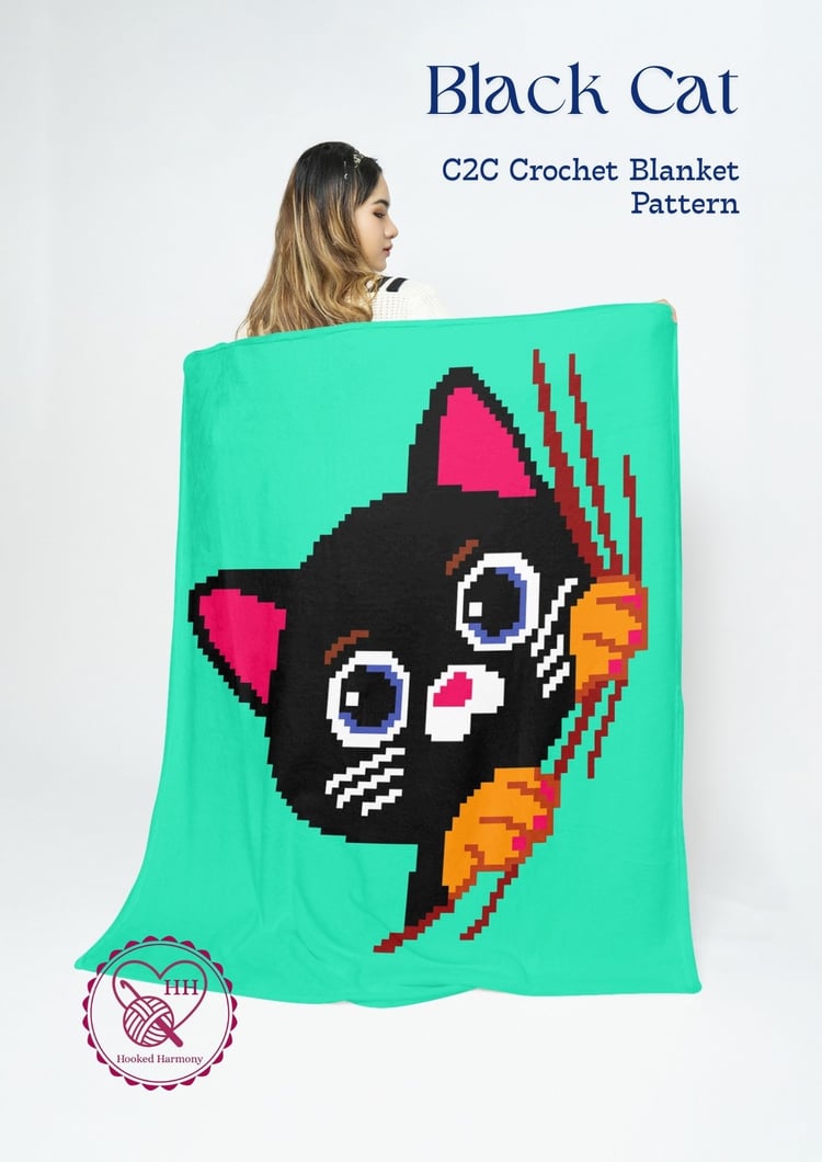 Black cat C2C crochet blanket pattern cover with cat holding carrots on mint background