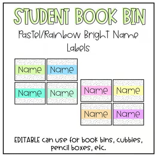 EDITABLE Pastel/Bright Name tags for Student Book Bins, Cubbies, Supplies, etc.
