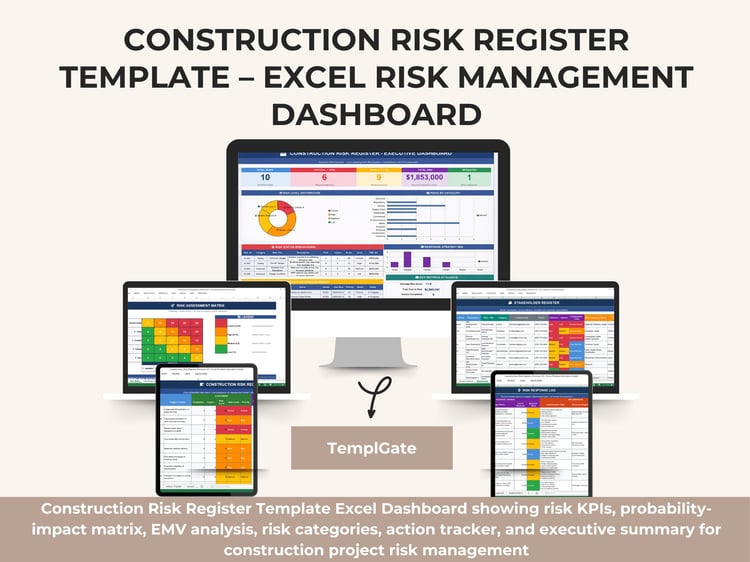 Construction Risk Register Template Excel Dashboard showing risk KPIs, probability-impact matrix, EMV analysis, risk categories, action tracker, and executive summary for construction project risk management.