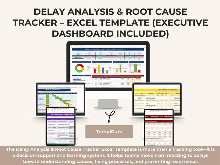 Delay Analysis and Root Cause Tracker Excel dashboard showing project delay KPIs, cost impact, root cause categories, action items status, and delay severity charts.