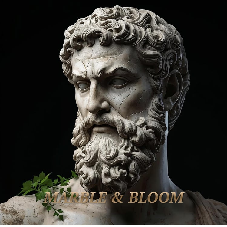 Marble and Bloom coloring book cover featuring a classical statue head intertwined with vintage botanical flowers, 62 pages PDF.  Для примера страницы: