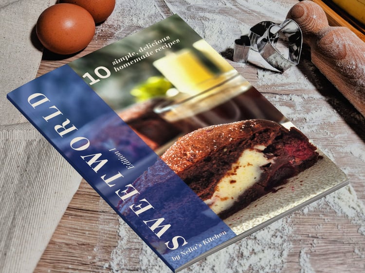 SweetWorld Edition 1 ebook cover with chocolate quark cake and baking theme.