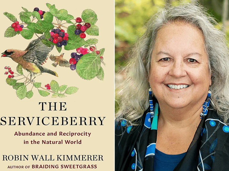 The book "The Serviceberry" pictured with author Robin Wall Kimmerer