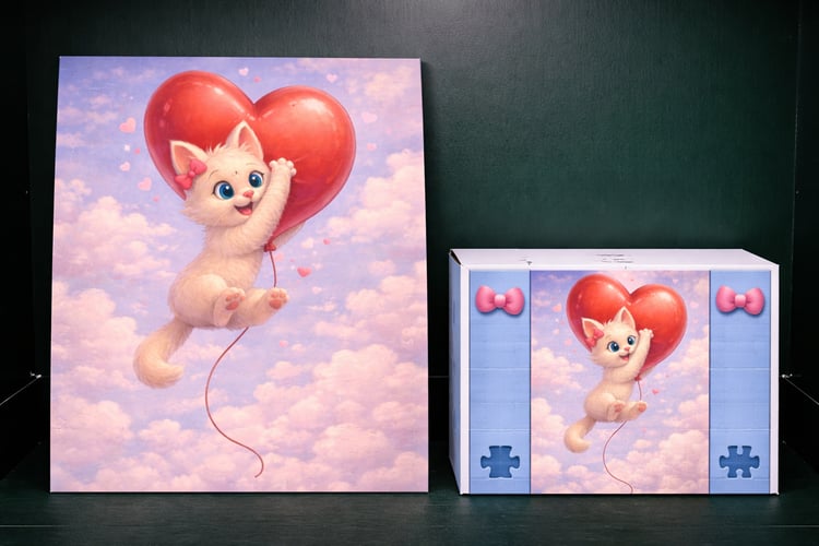 Happy Valentine’s Day kitten jigsaw puzzle with hearts, roses, and gift boxes