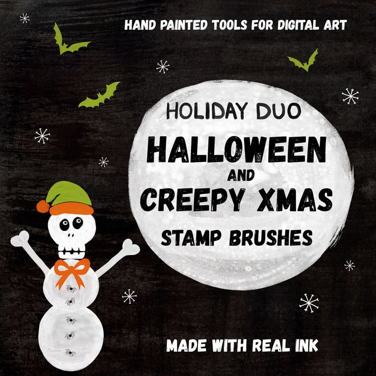 Hand Painted Tools for Digital Art. Made with Real INK. Holiday Duo. Halloween and Creepy Xmas Stamp Brushes. Stamp Shapes - Skull Snowman with spider buttons and Santa hat. Snowflakes and Bats