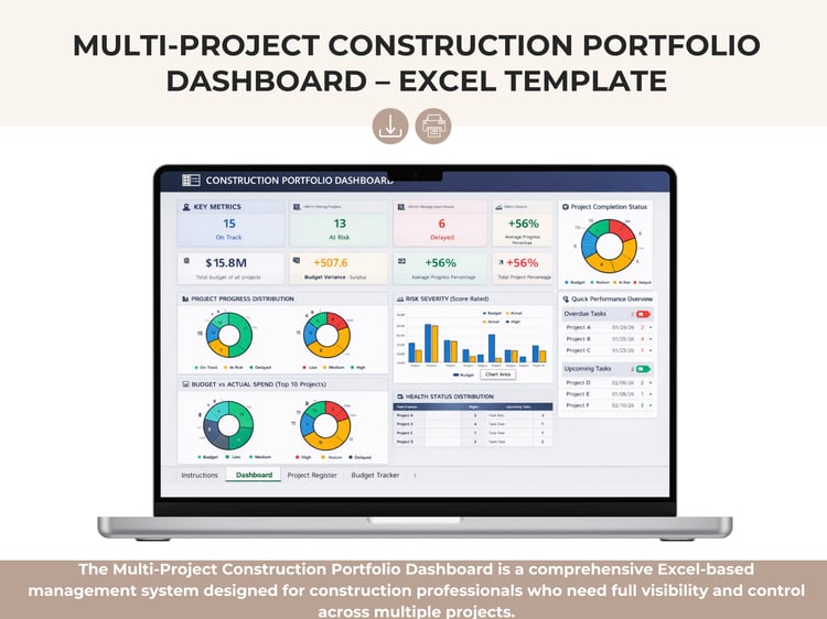 Multi-Project Construction Portfolio Dashboard in Excel showing executive KPIs, budget vs actual costs, schedule progress, risk severity, project health status, and portfolio performance overview for construction projects.