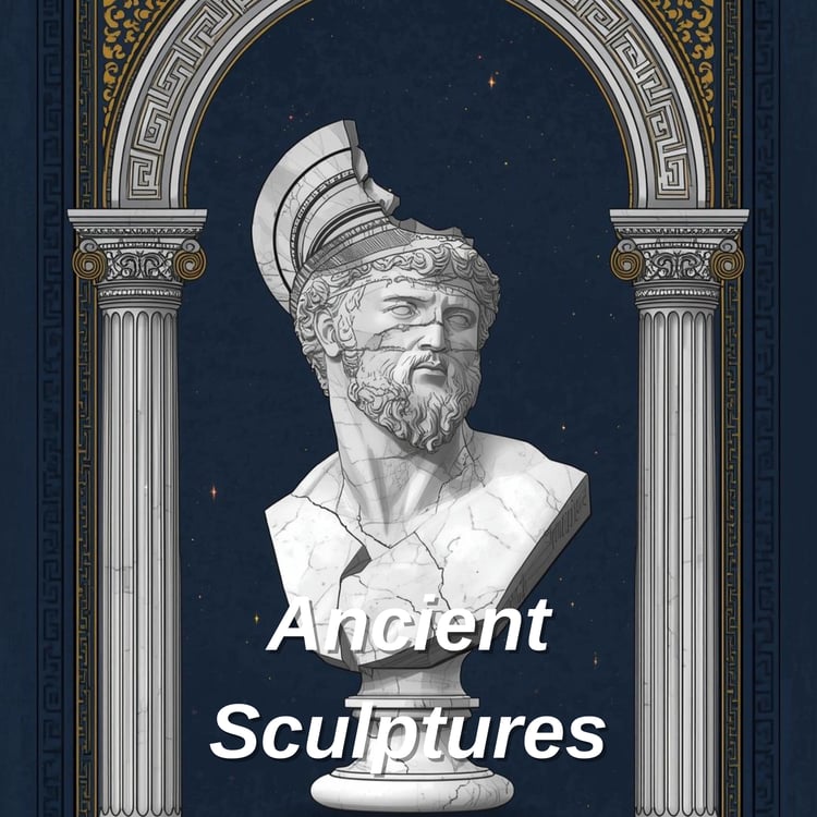 Ancient sculpture coloring book cover with geometric patterns and classical statue head, 40 pages PDF.
