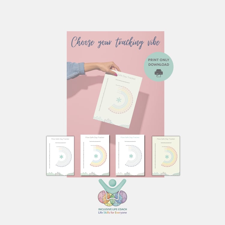 Hand holding a tracker on a pink background with 4 other pastel colours at the bottom, and underneath Inclusive Life Coach Logo of a person with their arms in the air, in green, and 4 round circles made of jigsaws in pastel colours of reds, yellows, blue