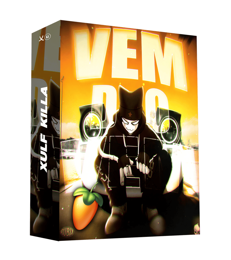VEM DO VEM product box by Xulf Killa featuring an anime-style character sitting in front of large speakers with an FL Studio logo icon.