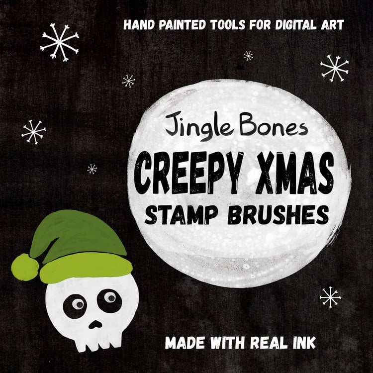 Hand Painted Tools for Digital Art. Made with Real INK. INKY STAMPS. Jingle Bones Creepy Christmas Stamp Brushes. Stamp Shapes - Skull with Santa Hat and snowflakes